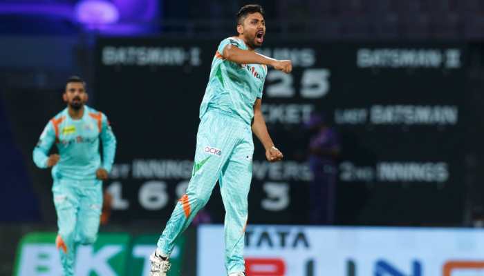 Lucknow Super Giants pacer Avesh Khan celebrates after picking up a wicket against Sunrisers Hyderabad in their IPL 2022 match. Avesh recorded his best figures (4/24) in the league. His previous best was 3/13 against Kolkata Knight Riders in 2021. (Photo: ANI)