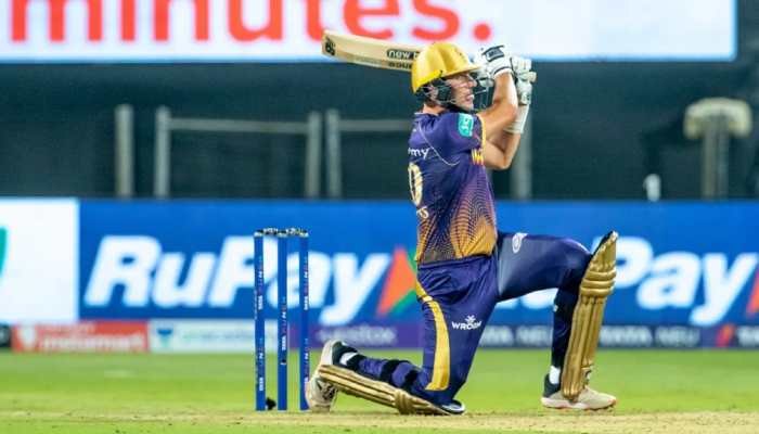 KKR pacer Pat Cummins hammers a six against Mumbai Indians in their IPL 2022 match in Pune. Cummins blasted the joint fastest fifty in the history of IPL, off just 14 balls. (Photo: BCCI/IPL)