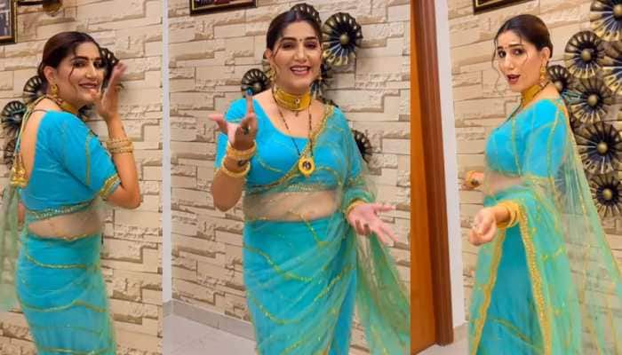 Sapna Choudhary&#039;s desi dance on Ankhiyon Se Goli Maare in a blue see-through saree hits internet - Watch