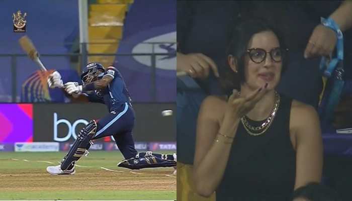 IPL 2022 RCB vs GT: Hardik Pandya&#039;s bat goes FLYING in air, wife Natasa Stankovic&#039;s SHOCKING reaction goes viral - WATCH