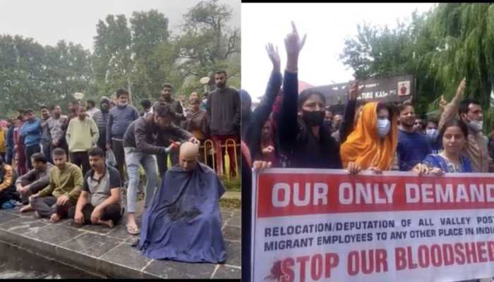 Rahul Bhat&#039;s killing: Dozens of Kashmiri Pandits tonsure their heads in protest against J&amp;K administration