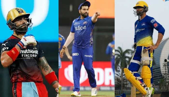 Virat Kohli (from left), Rohit Sharma and Ravindra Jadeja have failed to live up to their lofty standards in IPL 2022 for their respective sides. (Source: Twitter)