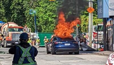 Tesla Model Y electric car catches fire in Canada, driver smashes window to save himself: Watch video
