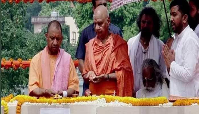 CM Yogi Adityanath lays foundation stone for Ram Mandir&#039;s Garbhagriha, places first carved stone