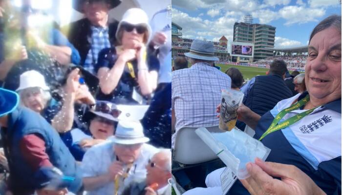 Daryl Mitchell six lands in fan&#039;s beer glass, NZ team offer her replacement drink - WATCH