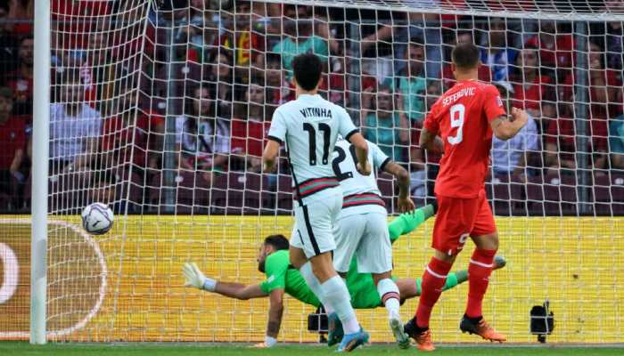 Switzerland striker Haris Seferovic (centre) scores in the first minute against Portugal in their UEFA Nations League match. (Source: Twitter)