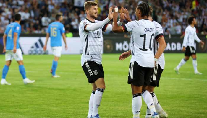 Germany's Timo Werner (left) celebrates after scoring against Italy in their UEFA Nations League match. Germany hammered Italy 5-2. (Source: Twitter)