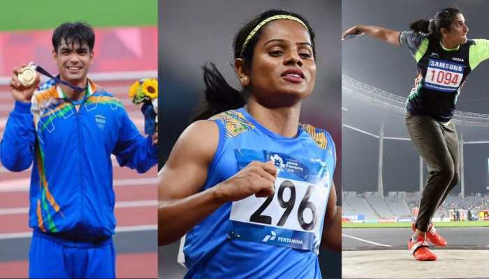 Neeraj Chopra (from left), Dutee Chand and Seema Antil Punia. (Source: Twitter)