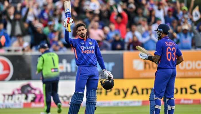 Deepak Hooda celebrates after scoring his maiden T20I century against Ireland in the 2nd T20. Hooda became the fourth Indian to score a century in T20I after Suresh Raina, Rohit Sharma and KL Rahul. (Source: Twitter)
