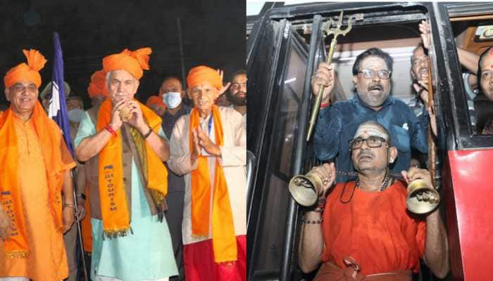 Amarnath Yatra 2022: Amid chants of &#039;Bam Bam Bhole&#039; and &#039;Jai Barfani Baba ki&#039;, L-G Manoj Sinha flags off 1st batch of pilgrims from Jammu