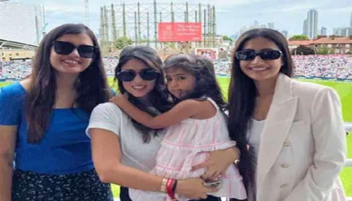 Rohit Sharma's wife Ritika Sajdeh with Devisha Shetty (left) and Dhanashree Verma during the first ODI against England at the Oval. (Source: Twitter)