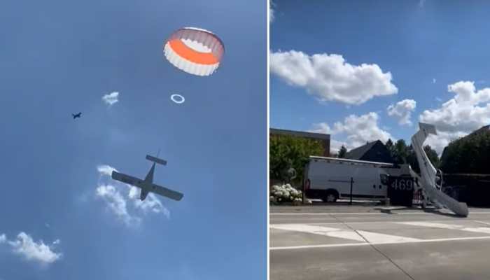 WATCH: Stunning video shows aircraft hanging from parachute moments before crash, pilot survives