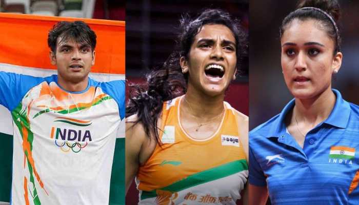 Neeraj Chopra (from left), PV Sindhu and Manika Batra. (Source: Twitter)
