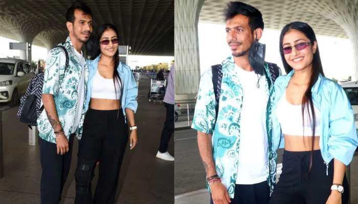Dhanashree Verma came to drop her husband Yuzvendra Chahal at the Mumbai airport before his departure for Dubai to take part in Asia Cup 2022. Team India will begin their Asia Cup campaign against Pakistan on Sunday (August 28). (Source: Twitter)