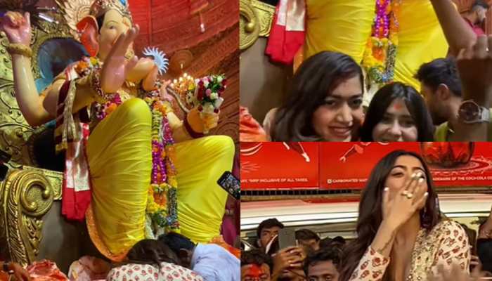 Srivalli aka Rashmika Mandanna gets mobbed by fans as she visits Lalbaugcha Raja for Ganpati darshan - Watch