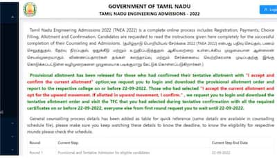 TNEA Counselling 2022: Last day for provisionally seat allotted students to report to college till 5 PM- Here’s how to check allotment list