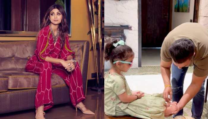 Shilpa Shetty&#039;s husband, Raj Kundra washes daughter Samisha&#039;s feet as part of Kanya Puja rituals-Watch