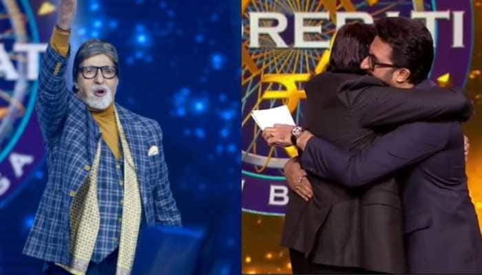 KBC 14: Amitabh Bachchan hugs son Abhishek Bachchan, actor gets teary eyed