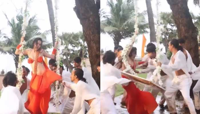 Urfi Javed slips on a swing wearing sultry saree, netizens say 'sach mein haye haye hojata...'