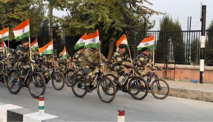 Border Security Force troops hold cycle rally in Srinagar to celebrate National Unity Day