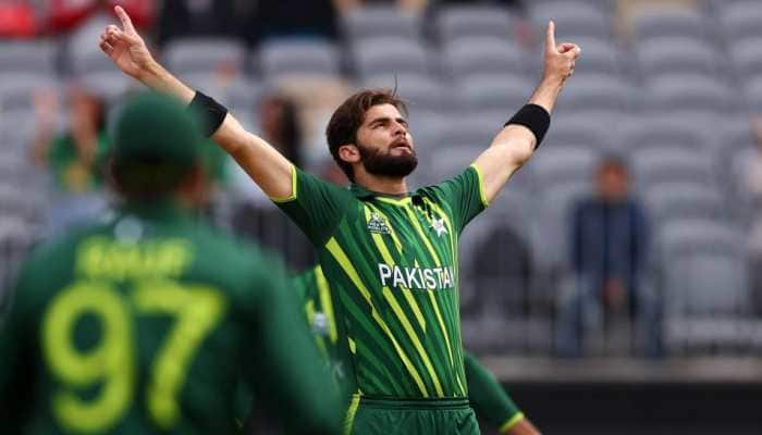 Pakistan pacer Shaheen Shah Afridi has his signature way of celebrating with his arms aloft after picking up a wicket in the T20 World Cup 2022. (Source: Twitter)