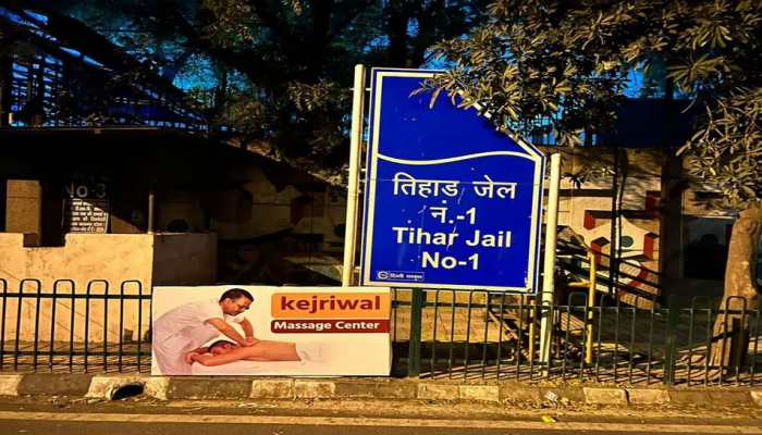 ‘Kejriwal Massage Centre’: BJP puts up poster to MOCK AAP over conman Sukesh Chandrashekhar’s &#039;extortion&#039; claim