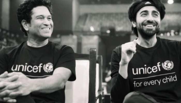 Ayushmann Khurrana plays football with Sachin Tendulkar for UNICEF, shares pic