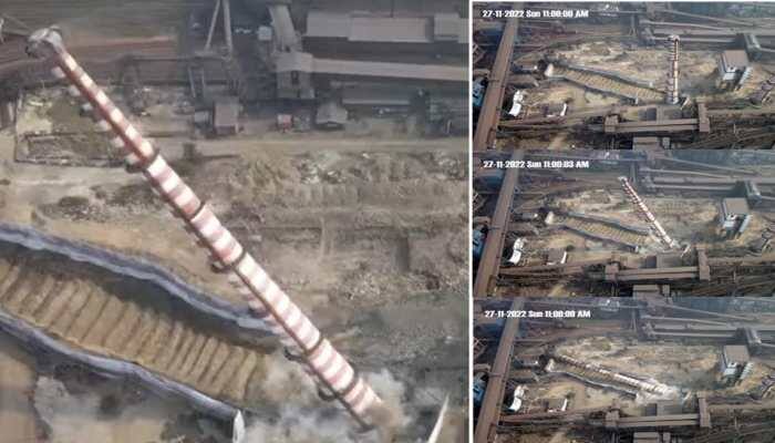 11 SECONDS! Tata Steel demolishes 110-meter tall chimney through controlled explosion; WATCH VIDEO