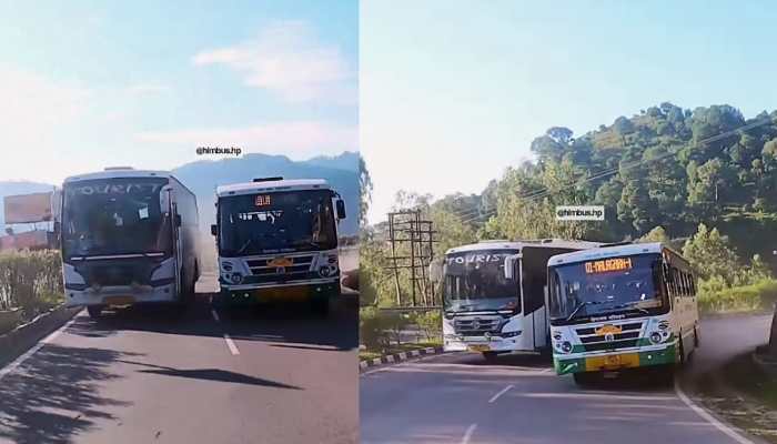 Himachal govt&#039;s bus makes dangerous overtaking attempt, RISKING lives of passengers - WATCH Viral video