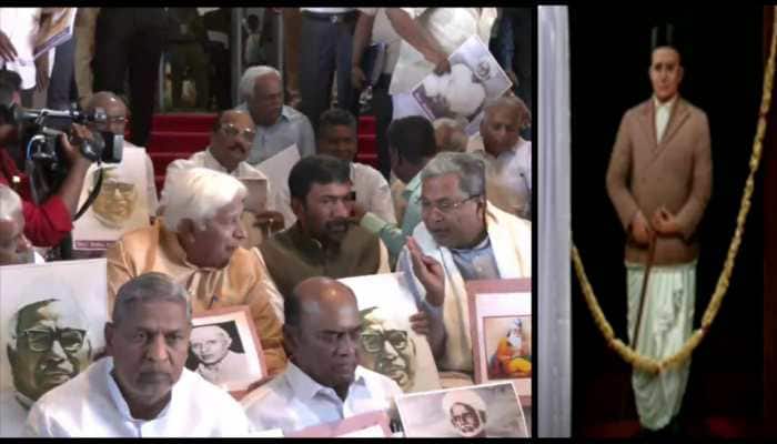 Savarkar&#039;s portrait unveiled in Karnataka Assembly amid opposition protest