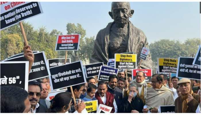 Congress&#039; Sonia Gandhi, Opposition leaders protest near Parliament demanding debate on China clash