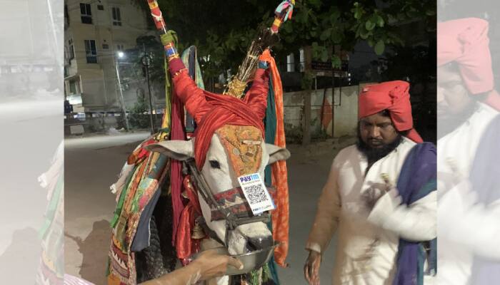 Folk artiste in Hyderabad takes donations by attaching Paytm QR code to his bull’s head.
