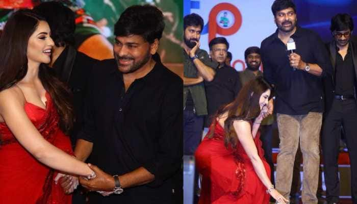 Urvashi Rautela stuns in red saree, touches Chiranjeevi’s feet during ‘Waltair Veerayya’ event, netizens call her ‘Sanskari gurl’- See Pics 