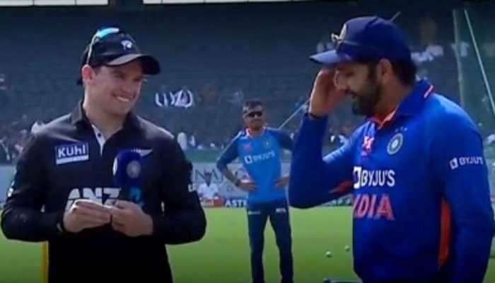 Watch: Rohit Sharma does a Javed Miandad, forgets what to do after winning the toss, Ravi Shastri &amp; Tom Latham can&#039;t stop laughing 