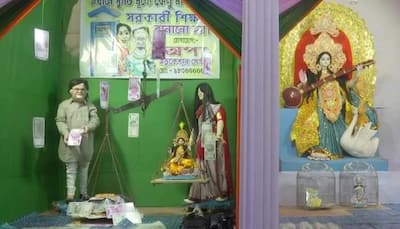 Partha Chatterjee, Arpita Mukherjee Find Space in Bengal Saraswati Puja Pandal Highlighting Teacher Recruitment Scam