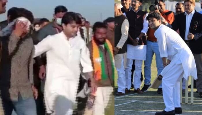 BJP Worker Injured While Trying to Catch a Ball hit by Jyotiraditya Scindia