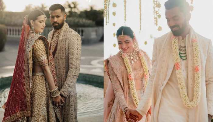 Hardik Pandya and Natasa Stankovic (left) and KL Rahul and Athiya Shetty. (Source: Twitter)