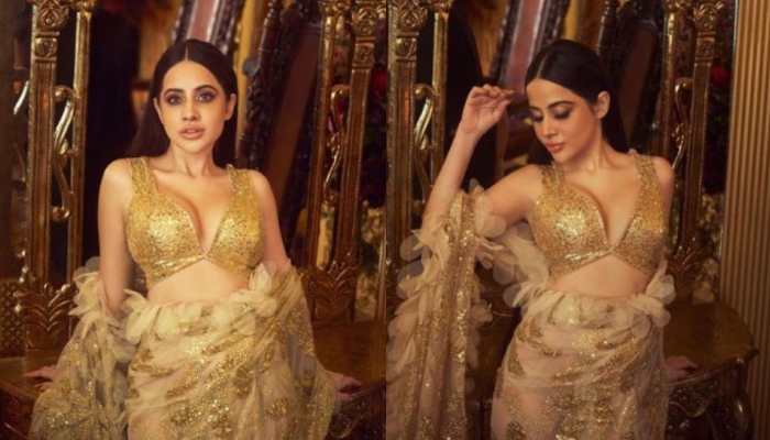 Urfi Javed Breaks Internet in Golden Embroidered Silk Tulle Saree for Abu Jani-Sandeep Khosla- See Pics 