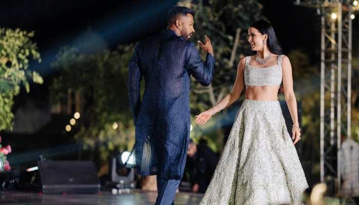 Team India all-rounder Hardik Pandya dancing with wife Natasa Stankovic during their wedding celebration in Udaipur this month. (Source: Twitter)