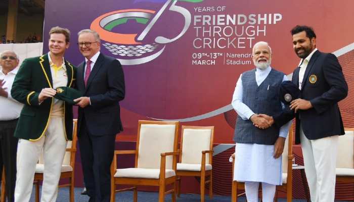 India and Australia Prime Ministers Narendra Modi and Anthony Albanese with skipper Rohit Sharma and Steve Smith ahead of the India vs Australia 4th Test in Ahmedabad on Thursday (March 9). (Photo: ANI)