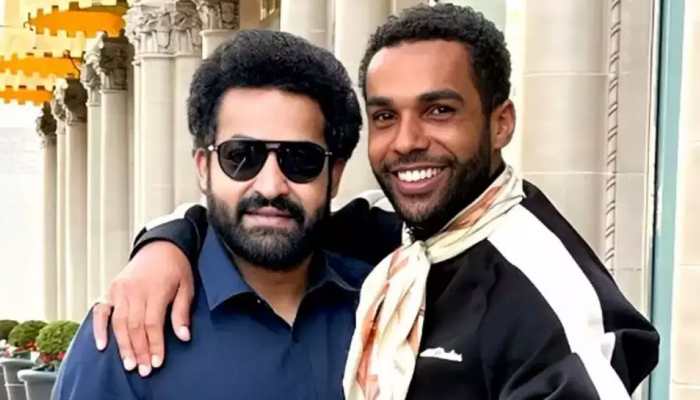 Emily in Paris star Lucien Laviscount poses for a picture with NTR Jr in LA
