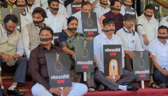 Rahul Gandhi's Disqualification: MVA MLAs Cover Mouth With Black Bands As Protest Outside Maharashtra Assembly