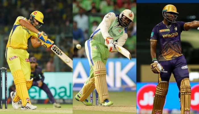 Shivam Dube (from left), Chris Gayle and Andre Russell. (Photo: Twitter, BCCI/IPL)