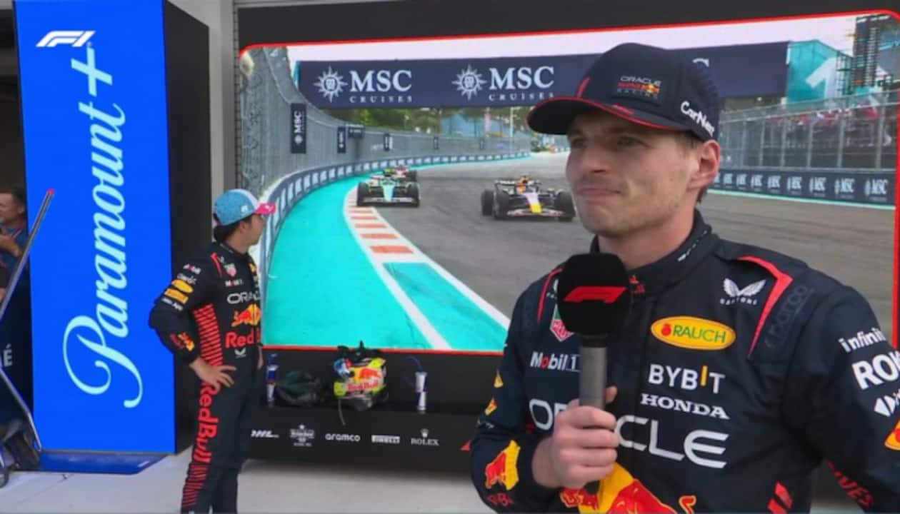 Dutch Formula One driver Max Verstappen of Red Bull Racing holds the trophy  after placing first at the Formula One Miami Grand Prix at the Miami  International Autodrome on Sunday, May 7