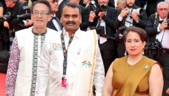 Union Minister L Murugan Poses With &#039;The Elephant Whisperers&#039; Producer Guneet Monga At Cannes Red Carpet