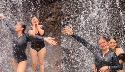 Pooja Bhatt And Her Bigg Boss OTT 2 Friend Bebika Dhurve Twin in Black Bathing Suits While Enjoying Their Waterfall Vacation - Watch