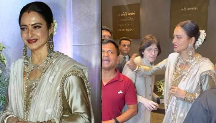 Rekha Steals Limelight In Golden Attire &amp; Gajra Look, Playfully &#039;Slaps&#039; A Man After Posing For Selfie - VIRAL VIDEO