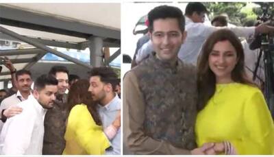 Newlyweds Parineeti Chopra, Raghav Chadha Arrive In Delhi, Couple Looks Dashing In Bright Ethnicwear - Watch 