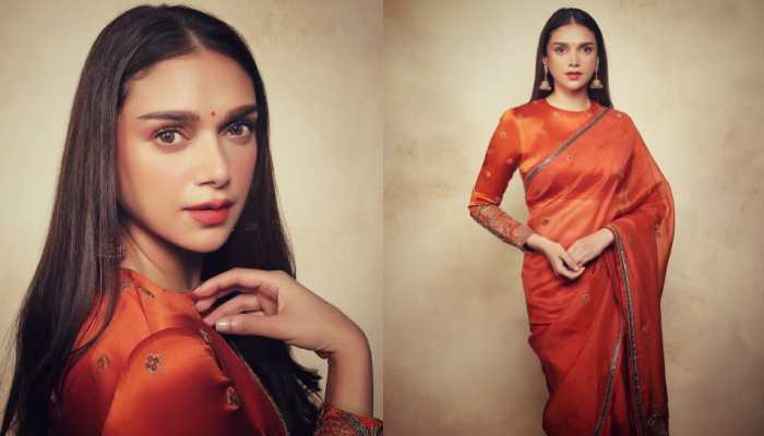 Aditi Rao Hydari Sizzles In Orange Saree, Wins Golden Icon Performer Award 