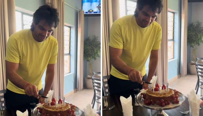 Neeraj Chopra Cuts Birthday Cake With India Women's Test Match On In Background; Pic Goes Viral Neeraj Chopra Cuts Birthday Cake With India Women's Test Match On In Background; Pic Goes Viral